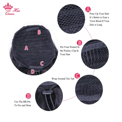 Miniatura 4 de Extensiones de cabello humano con clip en cola de caballo con cordón, cola de caballo brasileña, cola de caballo para mujer, productos Queen Hair