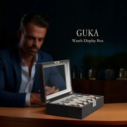 Miniatura 8 de GUKA Caja de 10 ranuras para reloj, vitrina organizadora de cristal real, con estuche de lujo para hombres y mujeres, regalo