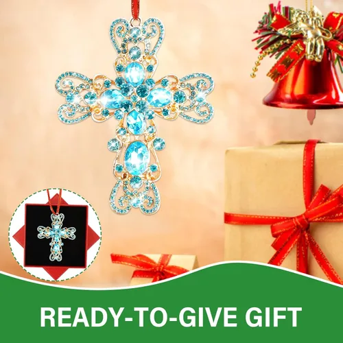 Miniatura 5 de JUESMOS Adorno navideño de cruz azul 2024 – Cruz de metal, adornos religiosos cristianos de Navidad, recuerdo para la natividad, regalos