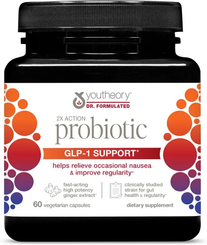 Youtheory 2X Action Probiotic - 60 cápsulas (suministro para 60 días) - Soporte GLP-1 para comodidad intestinal y salud inmunológica* - Fibra