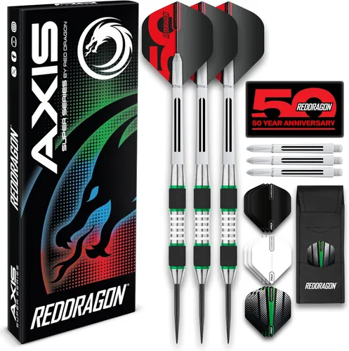 RED DRAGON Axis Professional Darts Set - 85% Tungsten Darts with Flights, Shafts & Wallet, Soft Tip 18g and Steel Tip 24g - 28g Verde