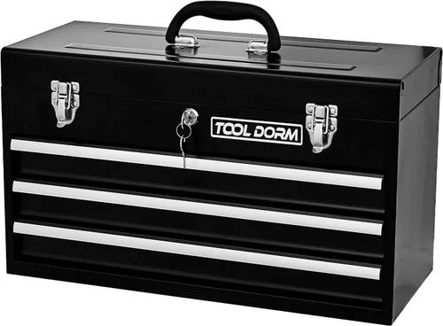 Caja de herramientas de metal de 20.3 pulgadas con cajones, caja de herramientas de acero portátil con forro protector y cierre de pestillo y Negro