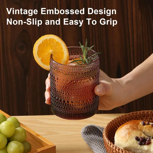 Miniatura 5 de ZMOWIPDL Juego de 12 Vasos de Cristalería Vintage para Beber, Morado 12oz y 15oz Vasos de Vidrio Hobnail con Relieve, Vaso de Agua en Relieve