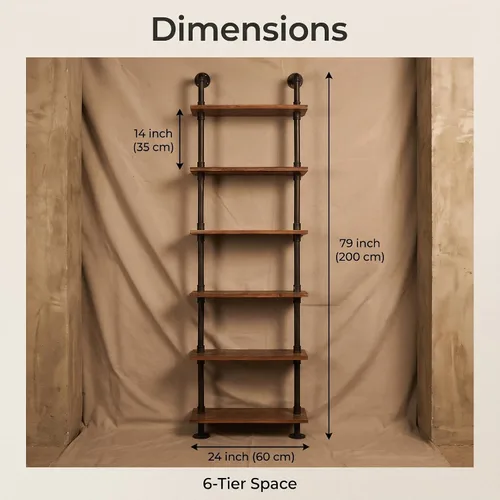 Miniatura 2 de Estantes industriales de tubería rústica y moderna estantería de escalera de madera de 24 pulgadas de ancho con marco de metal, estante de pared