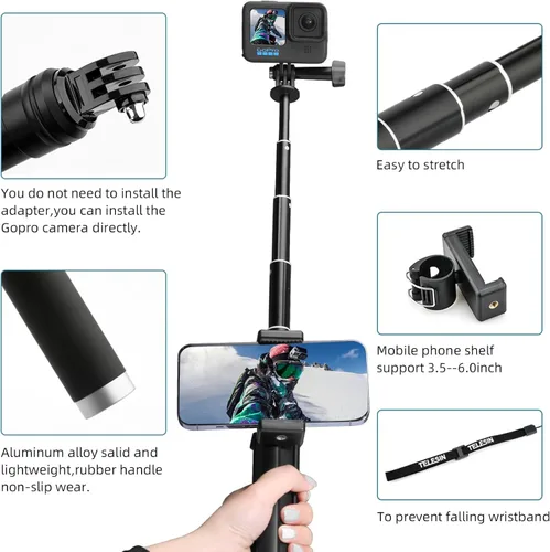 Miniatura 4 de AFAITH Selfie Stick para GoPro Hero 13 12 11 10 9 8 7 6 5 4 Mini Max Session, Insta360, DJI OSMO Cámara de acción, aleación de aluminio GoPro Selfie