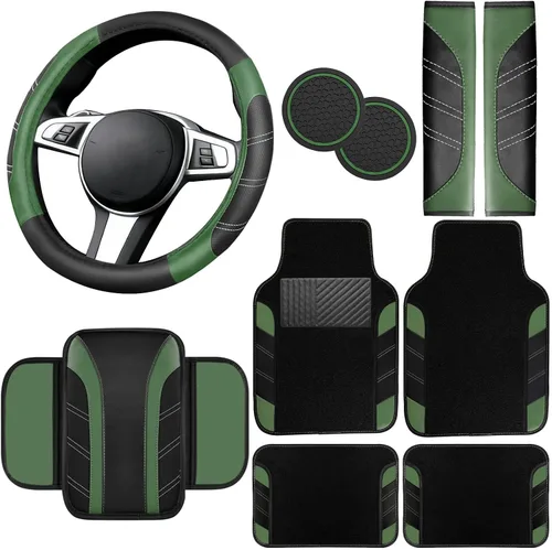 Miniatura 21 de NBTEPEM Juego de 6 accesorios de automóvil beige, funda de cuero deportivo para volante de 14.5 a 15 pulgadas, universal, funda de cuero