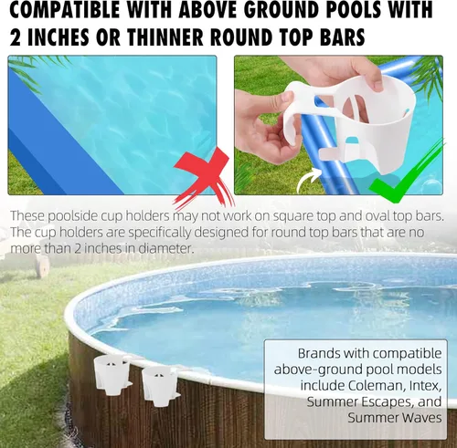 Miniatura 3 de TonGass Paquete de 6, portavasos blancos para piscinas sobre el suelo, compatibles con piscina sobre el suelo con barra superior redonda de 2