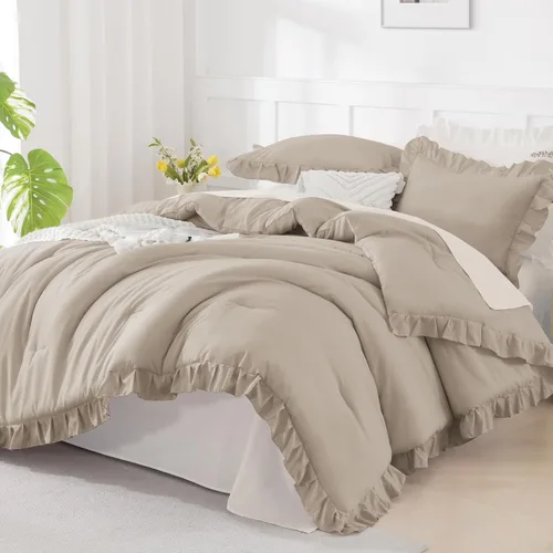 Miniatura 35 de Andency Juego de edredón beige tamaño King, 3 piezas estilo farmhouse shabby chic con volantes, ligero esponjoso suave de microfibra para todas
