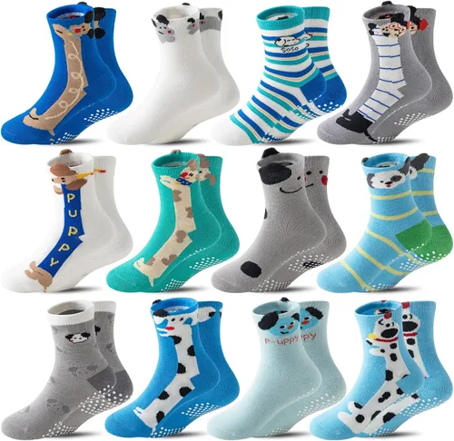 12 pares de calcetines antideslizantes para bebés, niños y niñas, calcetines de agarre para niños pequeños, calcetines de algodón transpirable con