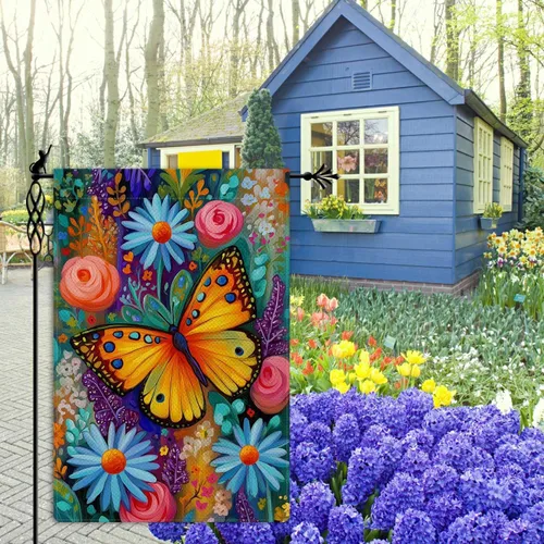 Miniatura 3 de Bandera de jardín de mariposa para primavera y verano, floral, bandera de jardín, vertical, de doble cara, rústica, arpillera, patio, césped