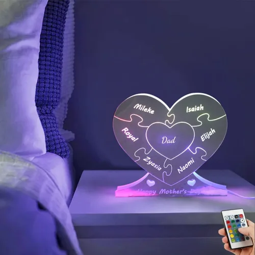 Miniatura 7 de Rompecabezas de nombre de familia personalizado, luz LED, espejo de corazón, espejo de dormitorio, espejo acrílico personalizado de 1 a 12 nombres