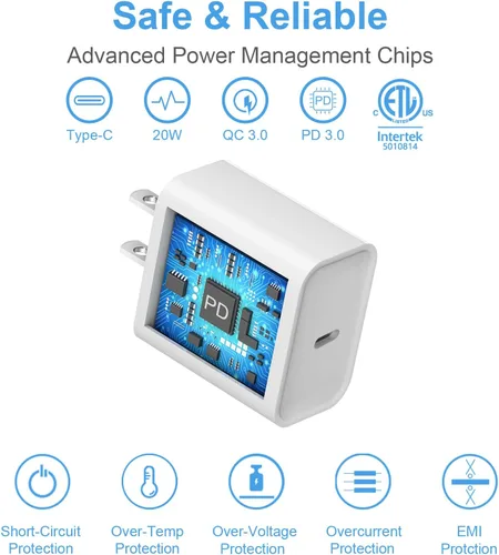 Miniatura 5 de Cargador de carga rápida para iPhone 17, 16, 15, paquete de 2+2 cargadores de pared USB C de 20 W con cable de carga rápida de 6 pies compatible