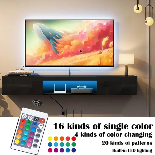 Miniatura 6 de Soporte flotante para TV montado en la pared con 20 LED de color, soporte de TV moderno de 63 pulgadas, gabinete de TV flotante centro