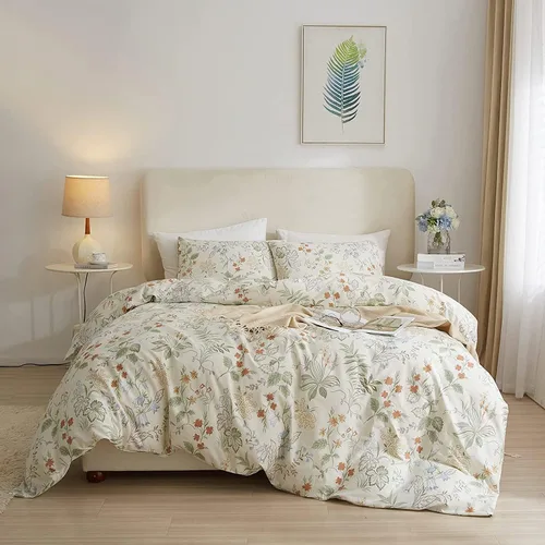 Miniatura 20 de AMWAN Juego de funda de edredón floral bohemio de algodón, ropa de cama con estética de jardín, elegante, botánico, con cierre con cremallera y 4