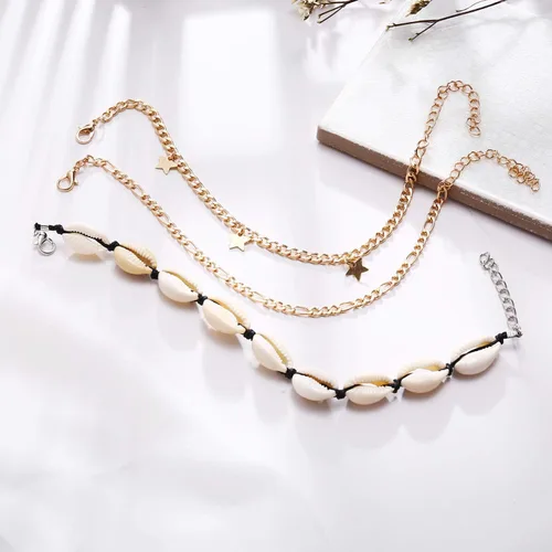 Miniatura 9 de 23 unids conjunto simple Puka Shell pulsera de tobillo Shell estrella de mar onda tobillo pulsera forma corazón Chian tobillo pulsera moda 8