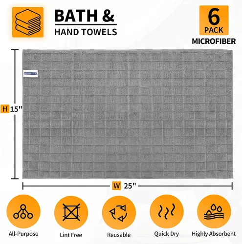 Miniatura 2 de Toallas de Baño de Mano de Microfibra, Paquete de 6 de 25 x 15 pulgadas Toallas de Mano Grises para Baño, Multiusos de Secado Rápido Sin Pelusas