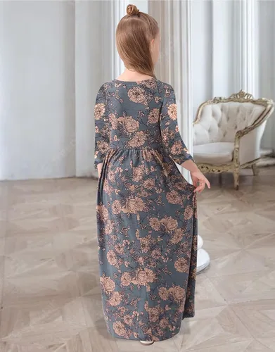 Miniatura 18 de 21KIDS Vestido largo floral de manga larga 3/4 con bolsillos para niñas de 6 a 12 años