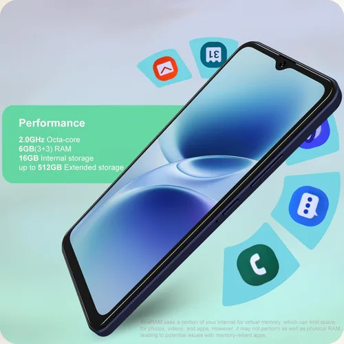Miniatura 5 de 6.6 "HD+ teléfono celular 4G Android 12 Teléfono inteligente Octa-Core 6 (3+3)+16GB Expandir 512GB Dual Nano SIM Desbloqueado Teléfonos Android
