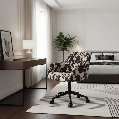 Miniatura 9 de Silla de escritorio moderna giratoria para oficina en casa con ruedas, terciopelo estampado de vaca, altura ajustable, cómoda, ergonómica, tapizada