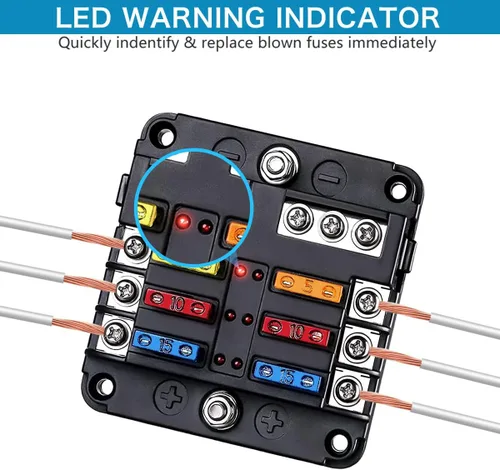 Miniatura 4 de Bloque de fusibles de 6 vías, fusible de cuchilla de 12V, 6 circuitos ATC/ATO, soporte para caja de fusibles impermeable con indicador LED, cubierta