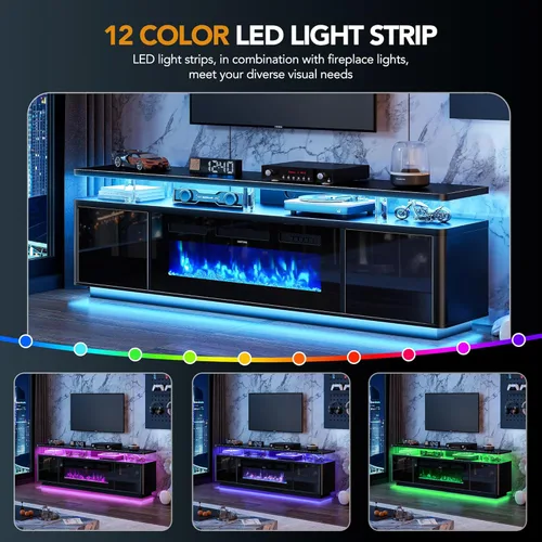 Miniatura 2 de oneinmil 70" Fireplace TV Stand for Living Room, Electric Fireplace Entertainment Center with Dual LED Lights & Storage Cabinets, Fits TVs up to