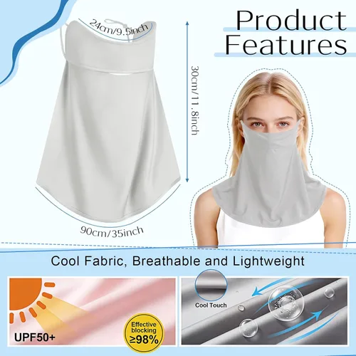 Miniatura 2 de 4 máscaras faciales de protección solar UV con cobertura para el cuello, bufanda, bufanda UPF50+, protector facial transpirable y refrescante