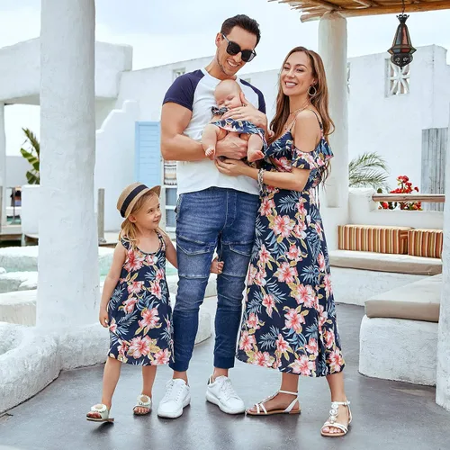 Miniatura 4 de Mumetaz Trajes familiares a juego para mamá y yo, vestidos con estampado floral, hombros descubiertos, cuello en V, volantes, ropa sin espalda