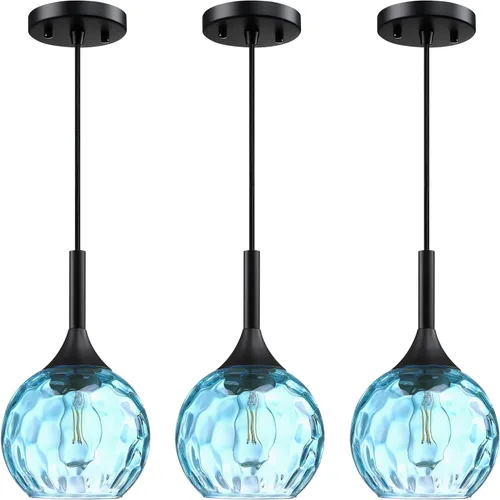 Miniatura 8 de Lámpara colgante de barra de vidrio azul con textura de 6.3 pulgadas, paquete de 3 lámparas colgantes de techo con acabado negro, moderna casa