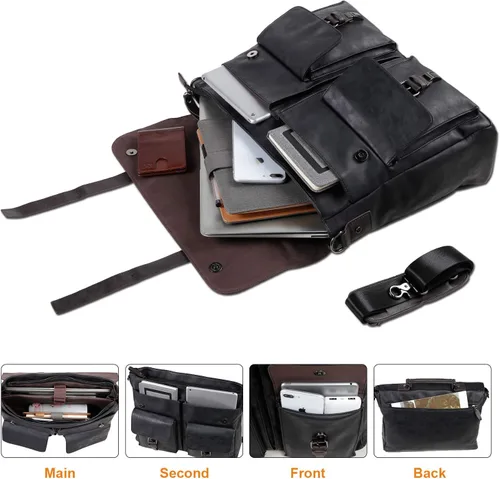 Miniatura 6 de Bolso bandolera de cuero para hombre, 14, 15.6, 17.3 pulgadas, bolso de cuero vintage para laptop, maletín, bolsa de trabajo grande
