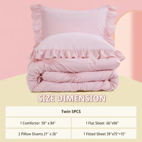 Miniatura 7 de HOMBYS - Juego de 5 piezas de ropa de cama rosa para niñas con sábanas y fundas a juego, juego de edredón individual de color rosa suave