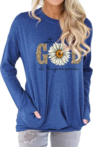 Miniatura 2 de OUNAR Camiseta de manga larga con estampado de leopardo con texto en inglés "With God All Things are Possible Faith Sayings