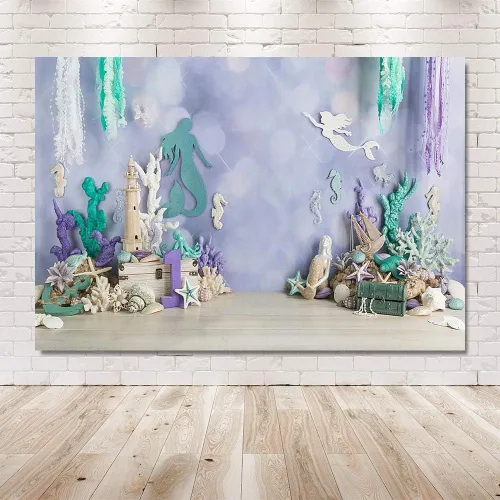 Miniatura 4 de MEHOFOND Telón de fondo de fotografía de sirena bajo el mar, 7 x 5 pies, decoración de fiesta de cumpleaños para niña, decoración de fiesta