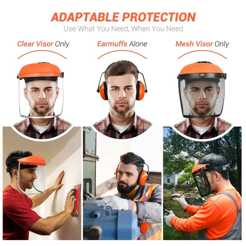 Miniatura 3 de Escudo facial de seguridad con combinación de protección auditiva, viene con malla y visera transparente para moler carpintería