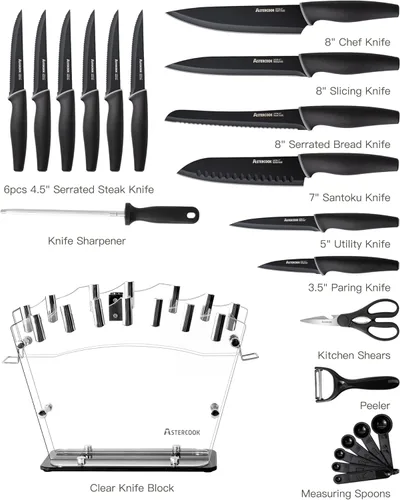 Miniatura 8 de Astercook Juego de cuchillos con bloque y afilador, juego de cuchillos de cocina de 22 piezas, apto para lavavajillas, bloque de cuchillos Negro