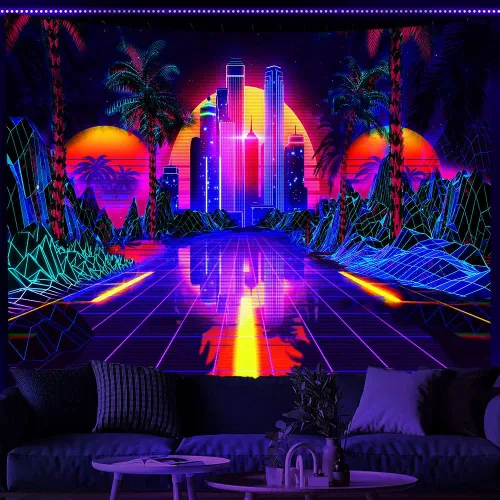 Miniatura 6 de TPMDFC Tapiz punk urbano con luz negra, reactivo a los rayos UV, decoración futurista japonesa de ciudad futurista, tamaño pequeño, 40 pulgadas, 30