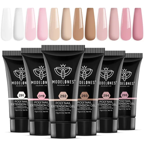 Miniatura 12 de Modelones - Juego de gel de uñas de polietileno, 6 colores de la colección Confeti Rosa, rosa desnudo, colores con purpurina, gel de extensión