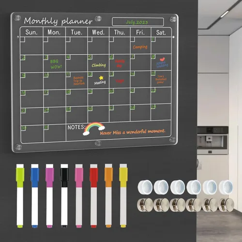 Calendario acrílico magnético para refrigerador, 1 paquete de 11 x 15 pulgadas, calendario transparente para nevera, borrado en seco, juego de