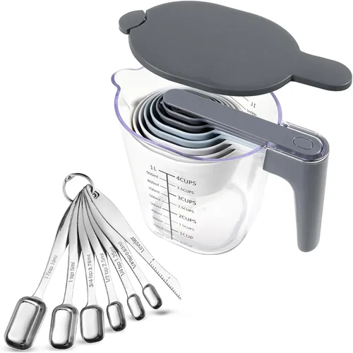 Miniatura 14 de Juego de 19 piezas de tazas medidoras y cucharas, incluye 10 tazas medidoras apilables con tapa y 9 cucharas medidoras magnéticas, cucharada para 19