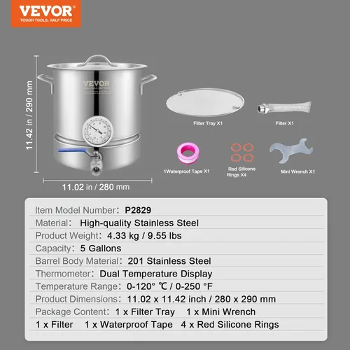 Miniatura 7 de VEVOR Hervidor de cerveza de 5 galones, olla de acero inoxidable, olla para elaboración de cerveza con filtro y bandeja de filtro, parte inferior