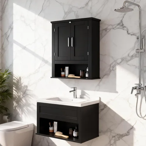 Miniatura 10 de VINGLI Armario de pared de baño, botiquín negro con estante abierto y 2 puertas, organizador de almacenamiento ajustable para colgar sobre