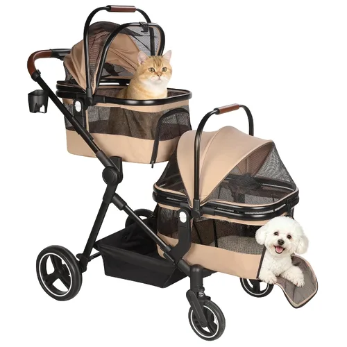 Miniatura 13 de Carriola doble plegable para mascotas para 2 gatos y perros pequeños y medianos, carriola integrada ligera para mascotas, individual y doble