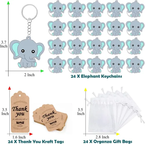 Miniatura 2 de CiciBear Paquete de 72 recuerdos de fiesta de elefante con llaveros de elefante azul bebé, etiquetas de agradecimiento y bolsas de regalo
