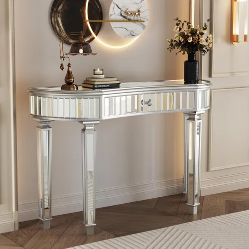Miniatura 10 de Mesa de consola con espejo de 48 pulgadas, mesa de entrada moderna de plata glamorosa con borde tallado negro vintage con espejo de vidrio para sala