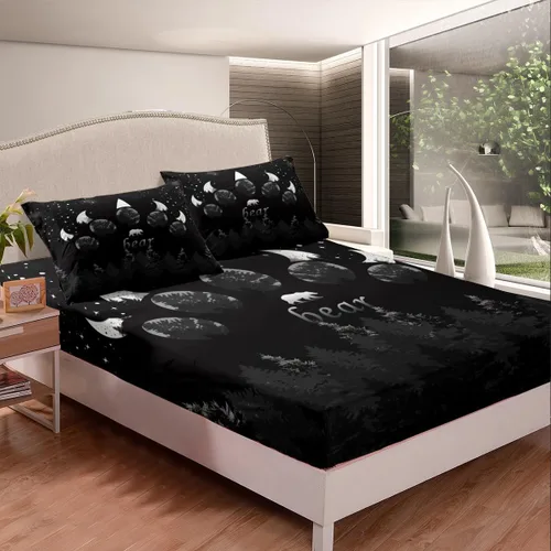 Miniatura 2 de Manfei Sábana bajera ajustable de oso tamaño individual, funda de cama con silueta de árbol gris y negro con 1 funda de almohada, juego de ropa
