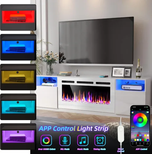 Miniatura 3 de Spurgehom Soporte de TV con chimenea de 70 pulgadas para televisores de hasta 80 pulgadas con chimenea eléctrica de 36 pulgadas, consola de TV