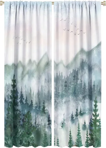 Miniatura 18 de BAEKJIN Cortinas verdes de bosque brumoso, acuarela, naturaleza, paisaje, plantas, árbol, bolsillo para barra, opacas, tratamiento de ventana
