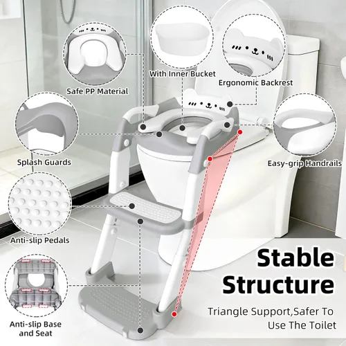 Miniatura 4 de Asiento de entrenamiento para ir al baño, asiento de inodoro mejorado para niños y niñas, inodoro de entrenamiento 3 en 1 con taburete escalonado