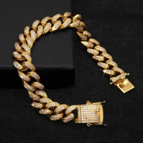 Miniatura 2 de Apzzic Pulsera de eslabones cubanos de Miami, chapada en oro, hip hop, con circonita cúbica, con caja de regalo para hombres y mujeres