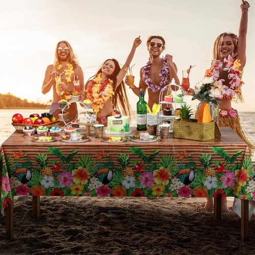 Miniatura 5 de Frienda Mantel Tiki de 3 piezas para decoración de mesa Luau, mantel de plástico para fiesta hawaiana, desechable, tótem Tiki para Hawaii, playa