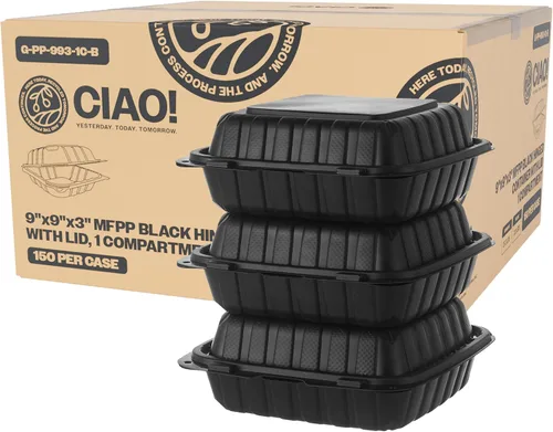 Miniatura 14 de CIAO! Contenedor blanco con bisagras MFPP de 9"x9"x3" con tapa 1 compartimento (caja de 150)